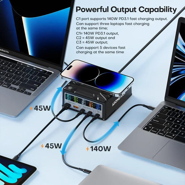 ស្ថានីយសាកថ្មឥតខ្សែ 5 រន្ធ USB C លឿន 260W ឆ្នាំងសាកឥតខ្សែ 140W PD3.1 USB C GaN ជាមួយអេក្រង់ LCD សម្រាប់ MacBook IPhone 14 13
