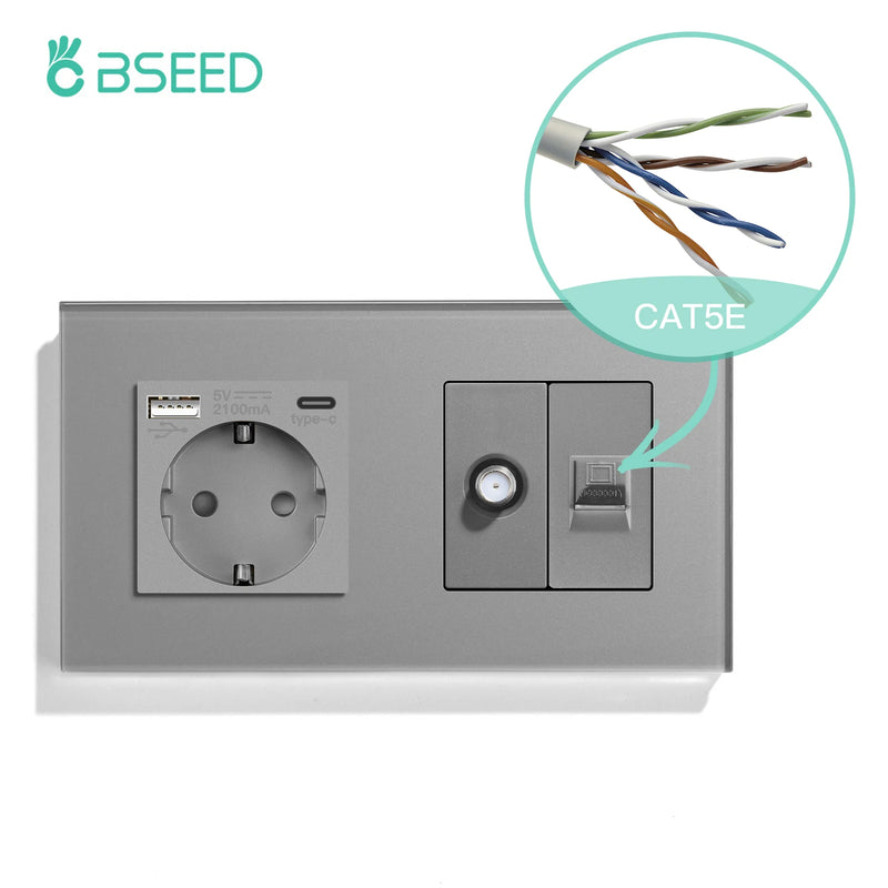 BSEED Double EU Standard Wall Plug 16A 100-250V With CAT5 Computer Network Power Sockt Satellite Antenna Outlet 157*86mm