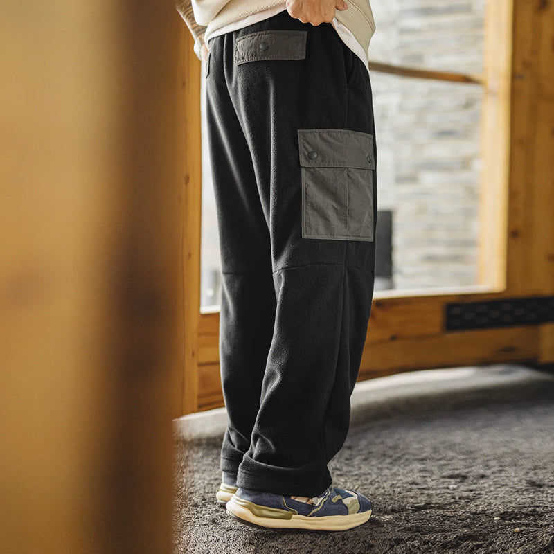 Maden Vintage Men's Brushed Fleece Sweatpants Black Cuffed Thermal Casual Pants Elastic Waist Multi-Pocket Trousers for Winter