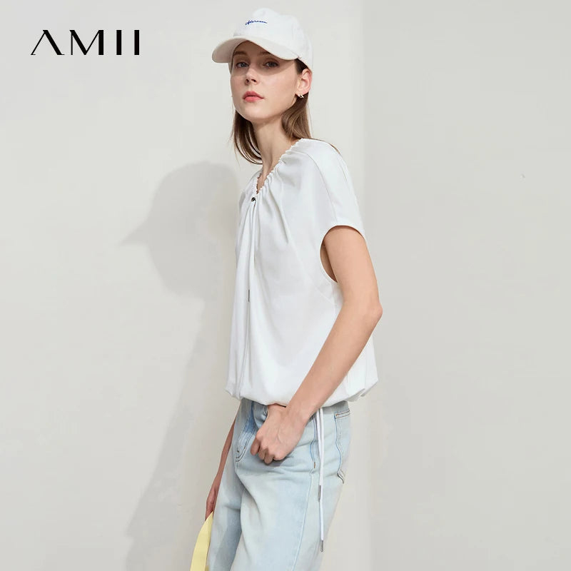 អាវយឺត Amii សម្រាប់នារី ម៉ូដសាមញ្ញ រដូវក្តៅ ឆ្នាំ២០២៦ ពណ៌សុទ្ធ មានខ្សែចង កអាវអាចលៃតម្រូវបាន ដៃអាវ Raglan រលុង 12542059