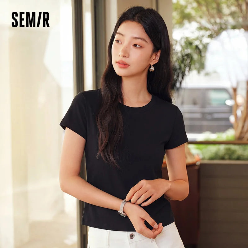 Semir Women Tshirt Cropped Solid Color Slim Crew Neck Short Sleeve Summer 2026 Minimal Casual Fashion Style Top