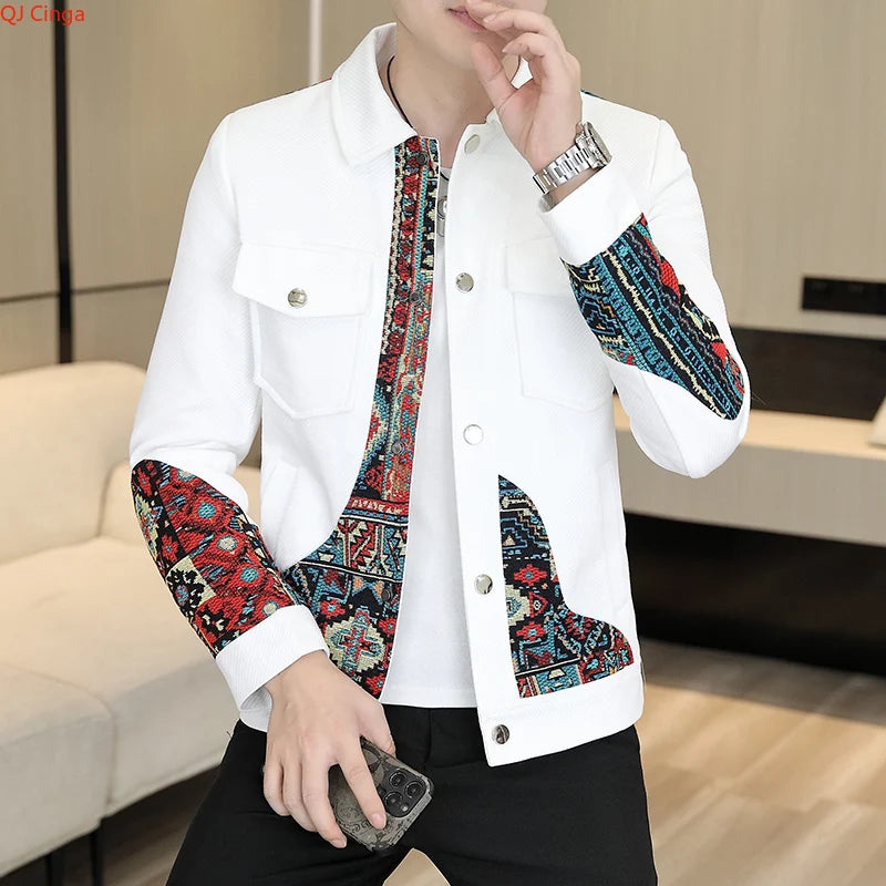 2026 Men's Long-Sleeve Collared Jacket for Fall, Black Patchwork-Detailed Outerwear, Asian Fit Slim-Cut Top Coats.