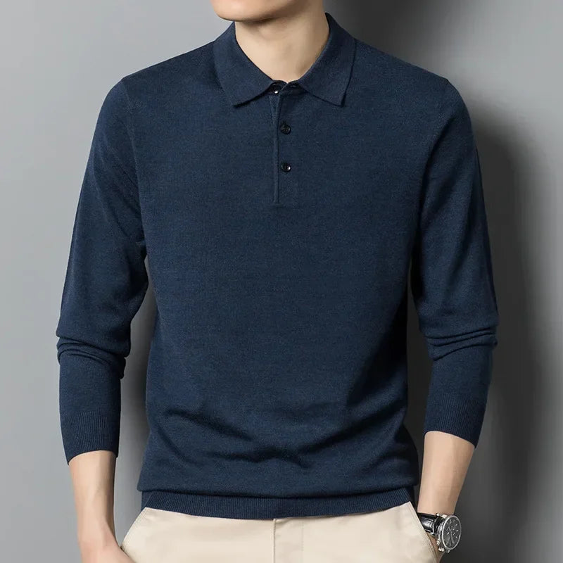 Men's Autumn Long-Sleeved Wool Blend Solid Color Polo Pullover Sweater with Lapel, Casual Bottoming Sweater -Sizes M-4XL