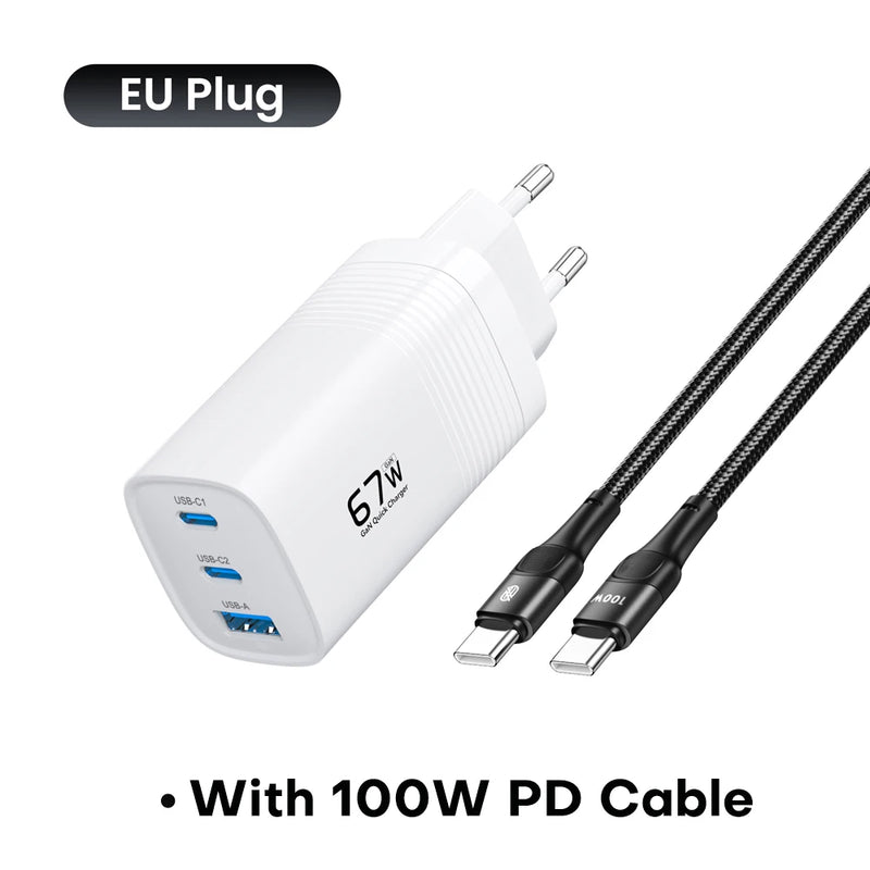 ឆ្នាំងសាក GaN USB Type C 67W PPS PD QC3.0 ឆ្នាំងសាករហ័សសម្រាប់ MacBook Laptop Tablet iPhone 14 iPad Samsung S23 Ultra