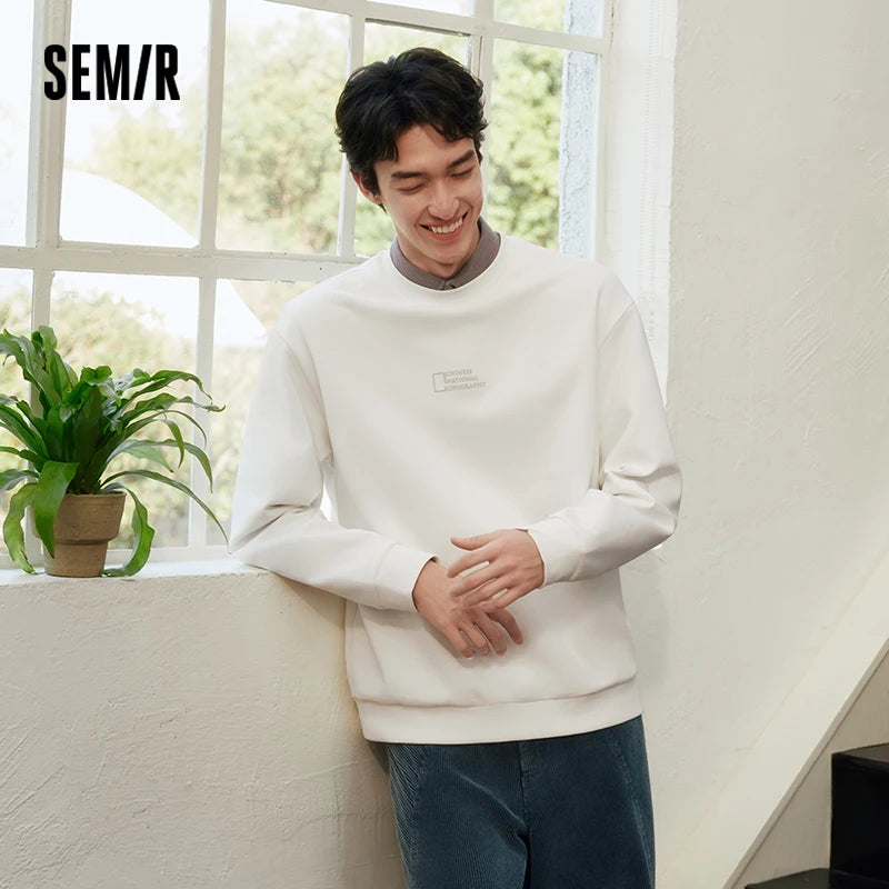 Semir Soft Hoodie Men Spring Letter Print Crew Neck Casual Comfortable Daily Wear Basic Versatile Stylish Pullover Top