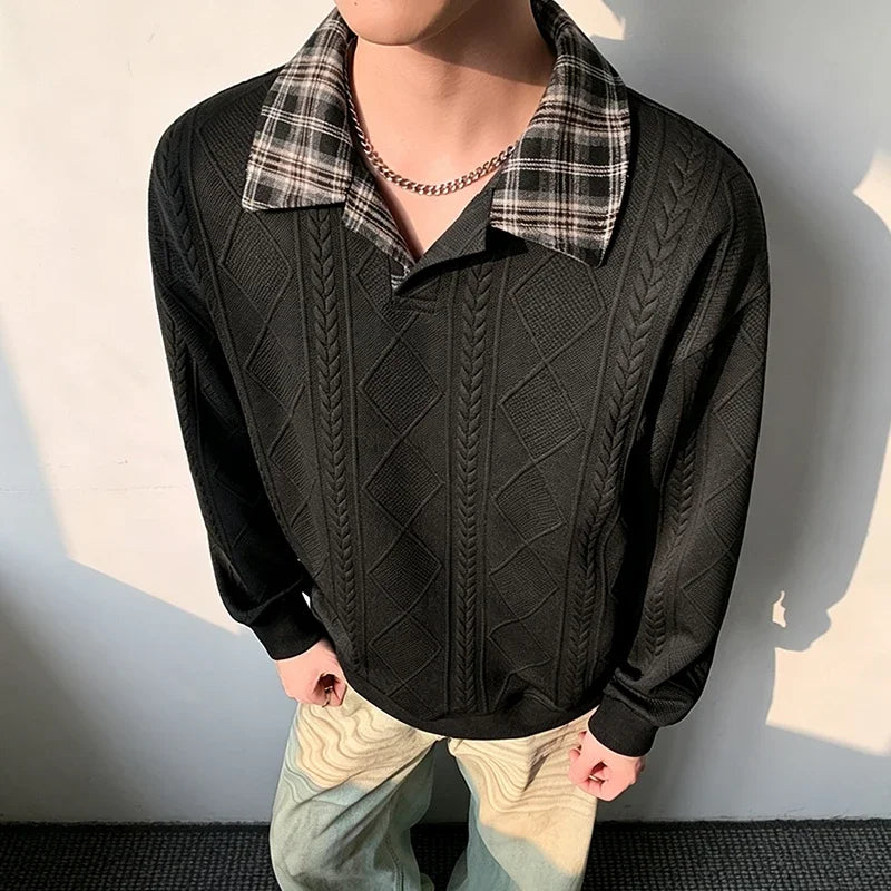 Ens Plaid Lapel Collar Long Sleeve Cable Jacquard Polo Shirt Geometric Embossed Texture Soft Handfeel Top