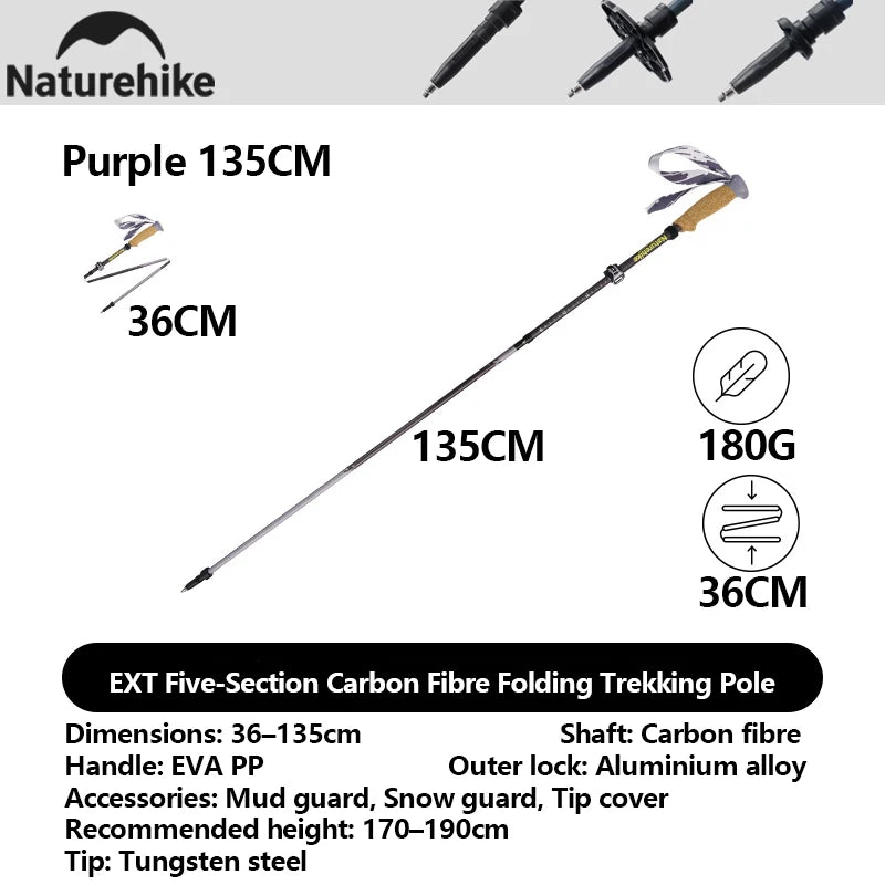 Naturehike 2025 Light Trail 5-EXT Five-Section Carbon Fibre Folding Trekking Pole Portable Storage Multi-Scene Support Pole