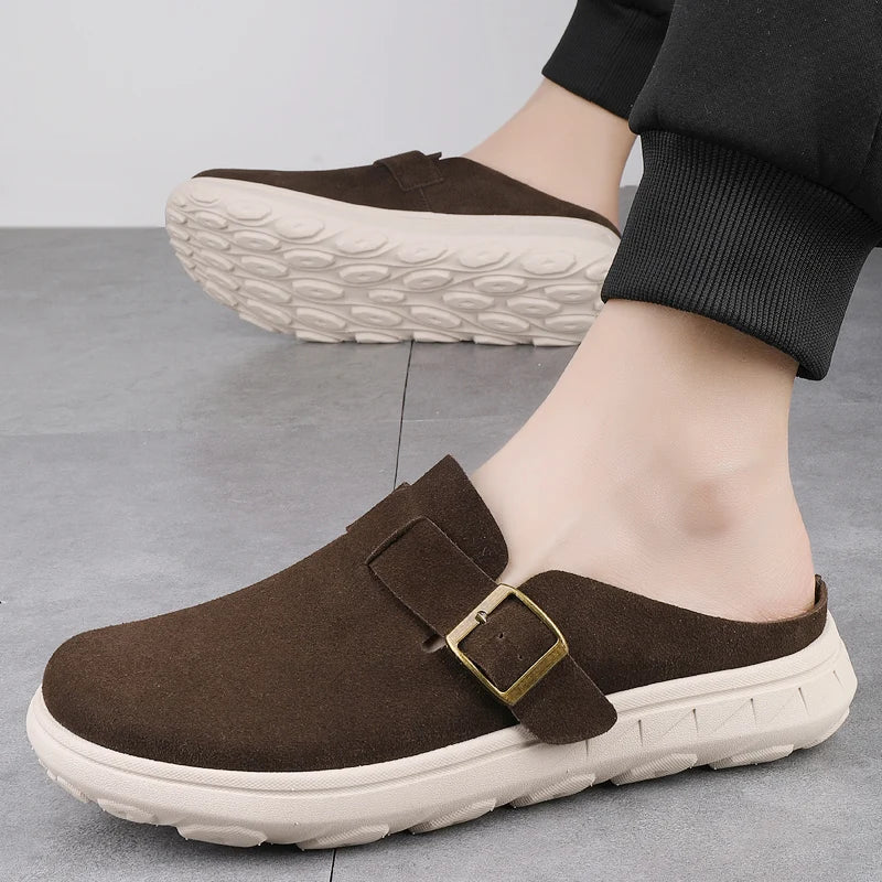 Men's Trendy Platform Clogs Mules Adjustable Buckle Suede Backless Shoes Lightweight Casual Slides for Men Summer Beach/Travel