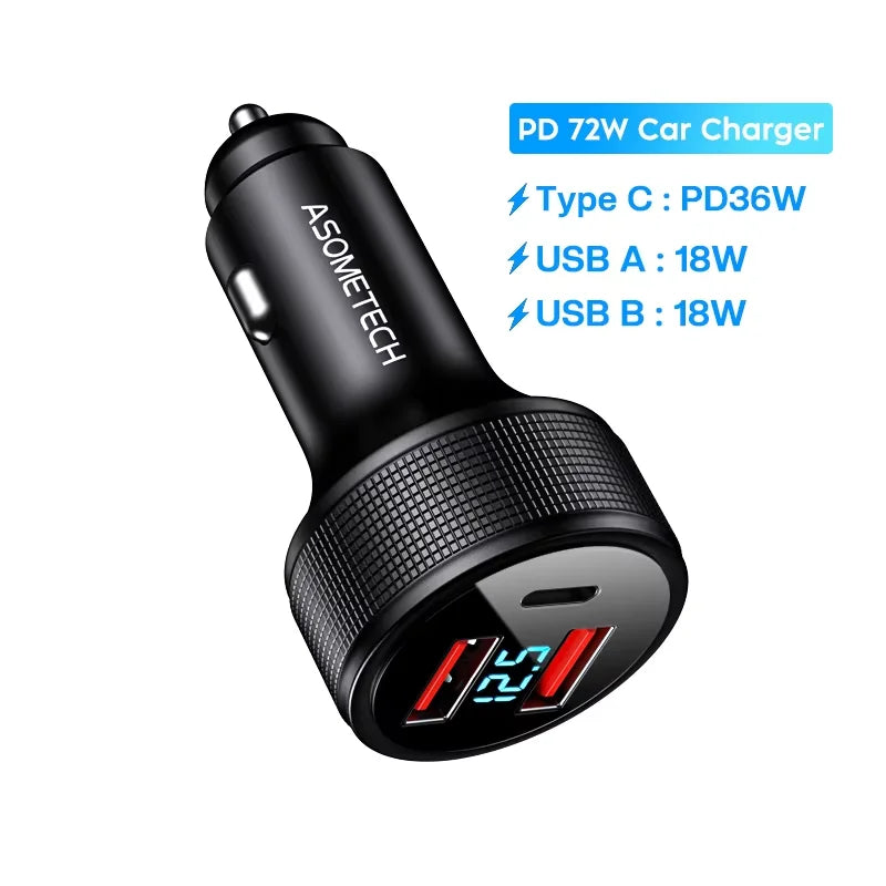 ឆ្នាំងសាករថយន្ត USB 72W QC 3.0 PD 3.0 SCP អេក្រង់ LED USB សម្រាប់ទូរស័ព្ទ iPhone 13 14 Pro Max Samsung Xiaomi Huawei IPad