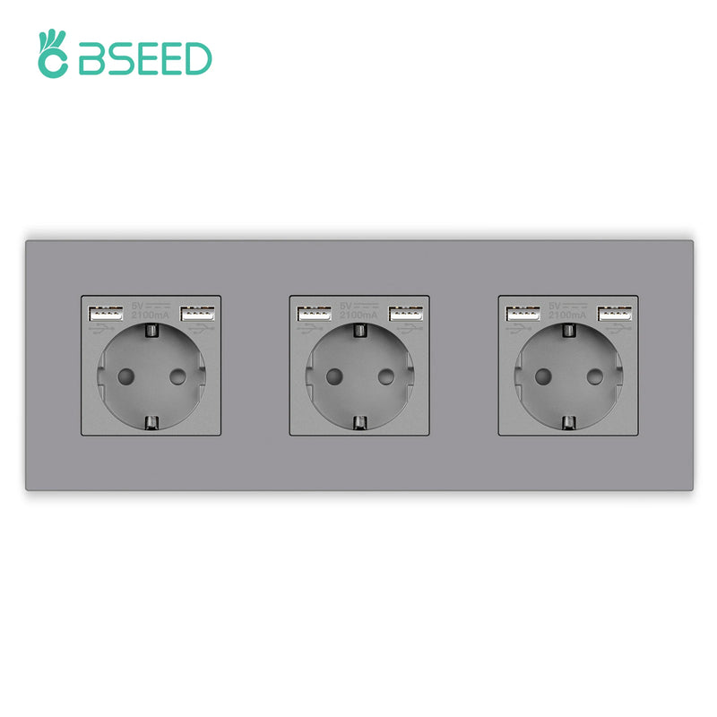 BSEED Button Switch 1/2/3Gang 1Way Wall Sockets With USB Type-C Phone Charger Mounted Double Socket Plastic Panel Triple Outlets