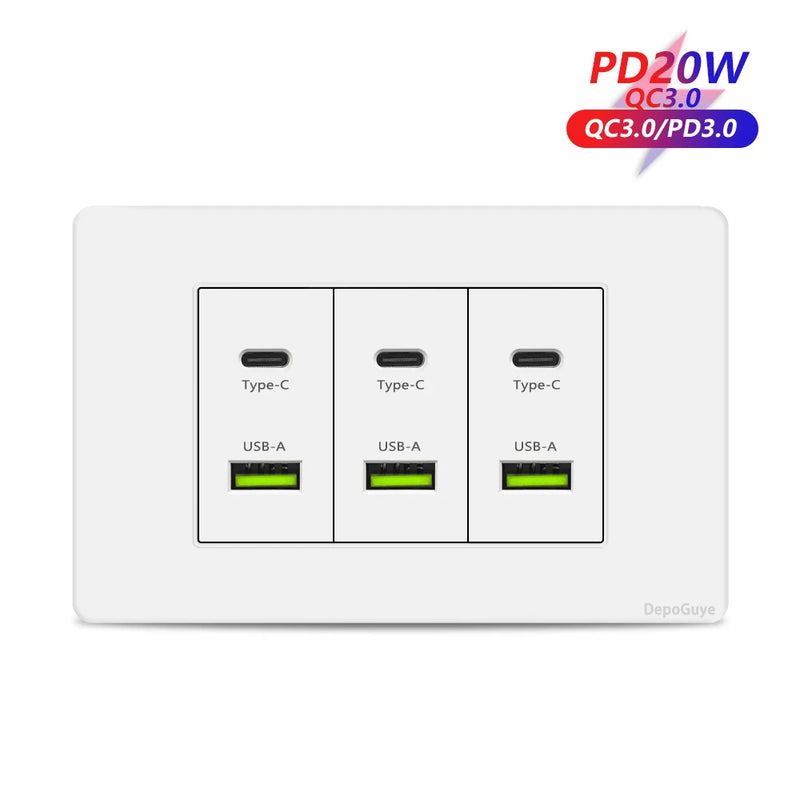 EU Korea Power Plug with 16A Usb Wall Socket,Electric 2Way Light Switch Panel,Universal USB Type-C 20W Fast Charging Outlet 220V