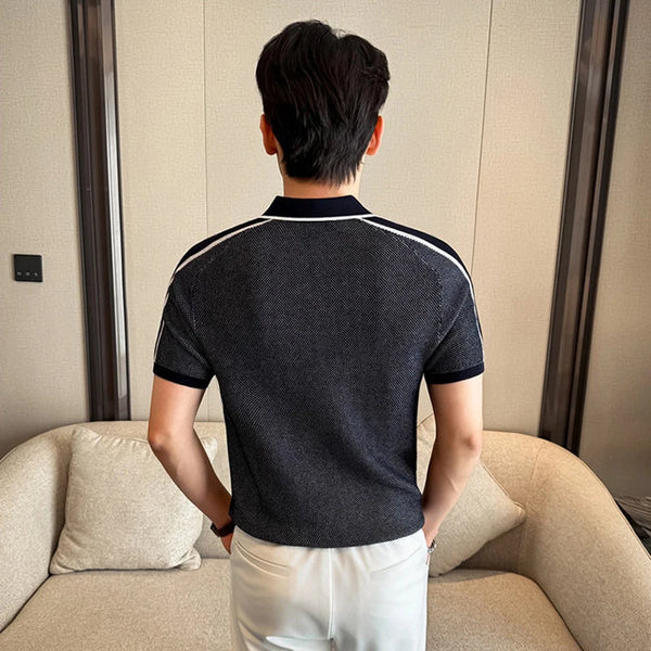 Men's Wing Collar Polo Shirt, Breathable Ice Silk Fabric with Contrast Trim, Casual Short Sleeve Knit Top, Navy Blue