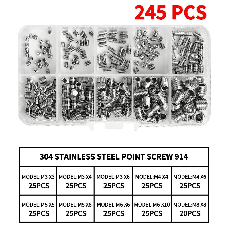 DIN914 304 -Stainless Steel Hex Socket Point Grub Screws M3 M4 M5 M6 M8 M10 Assortment Kit - High Hardness Fasteners Set