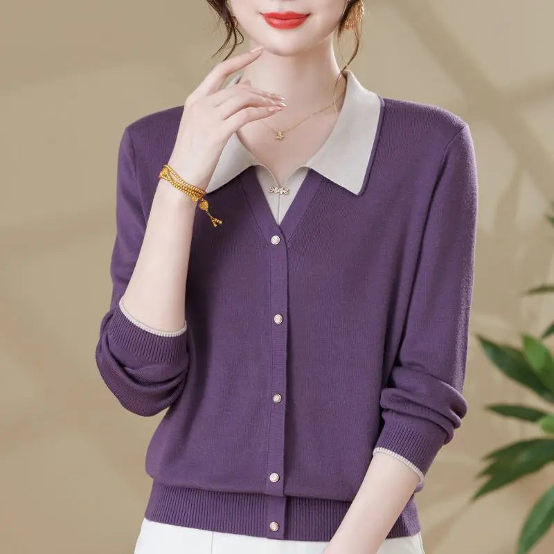 Fake Two Piece Sweater For Women Lapel Long Sleeve Tops Spring Autumn Knitwear Jumper Basic Wear Pullover Mother Clothing