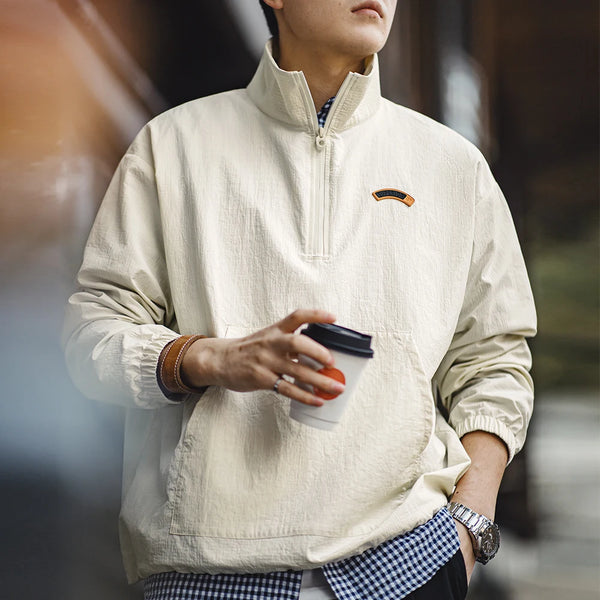 អាវក្រៅ Maden Vintage Half-Zip Stand Collar Jacket Cityboy Outdoor Hoodie Men Spring Casual Sweatshirt Sporty Urban Streetwear