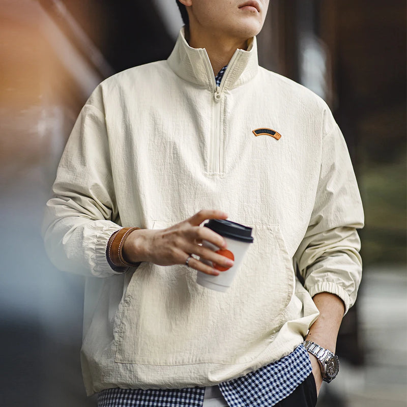 អាវក្រៅ Maden Vintage Half-Zip Stand Collar Jacket Cityboy Outdoor Hoodie Men Spring Casual Sweatshirt Sporty Urban Streetwear
