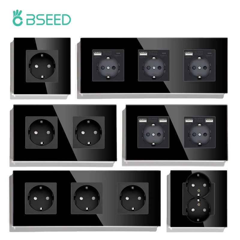BSEED EU Standard Wall Sockets Single Powerful Outlets Black Double Frame Sockets Glass Panel Triple Sockets Kids Protection 16A