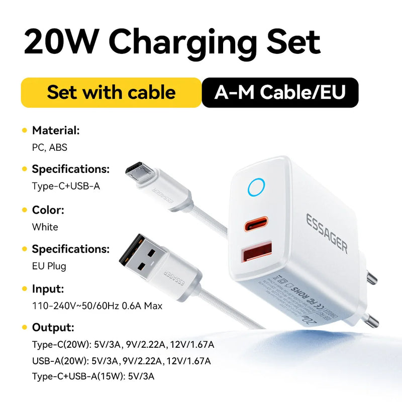 ឧបករណ៍សាកថ្មលឿន Essager PD 20W USB Type C សាកលឿន 4.0 3.0 QC PD សម្រាប់ iPhone 17 16 15 14 13 12 Pro Max ឆ្នាំងសាកទូរស័ព្ទ