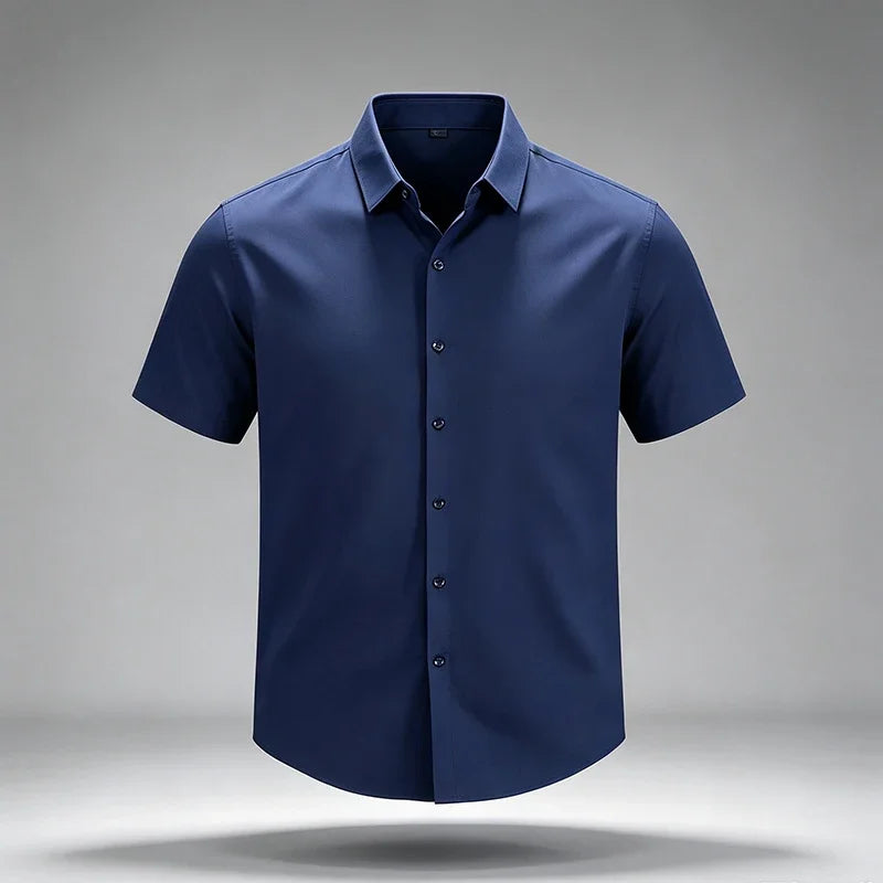 Summer Male Lapel Short Sleeve Dress Shirt Single Breasted Soft Stretch Cloth Outdoor Travel Daily Commute Formal Top