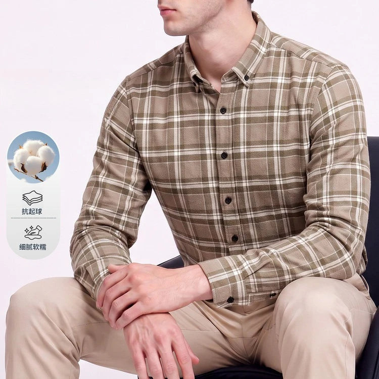 Men's 100% Cotton Brushed Plaid Long Sleeve Shirt – Soft Flannel Casual Button-Down for Outdoor & Daily Wear