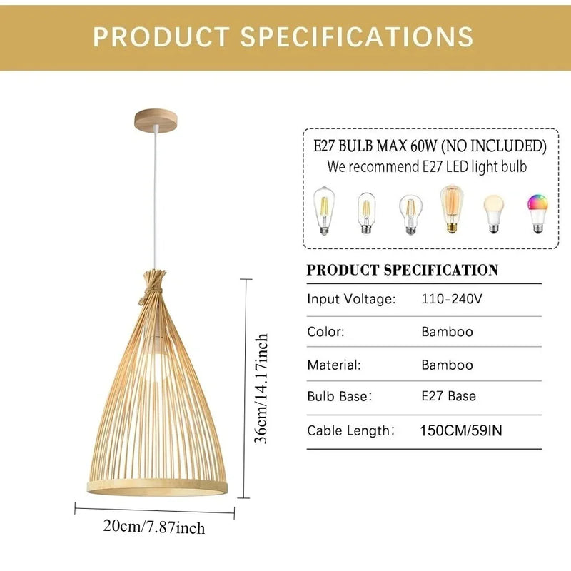 Bamboo Lampshade Led Pendant Lamp Natural Rattan Wicker Ceiling Chandeliers Hand Woven E27 Lighting Fixtures Hanging Light