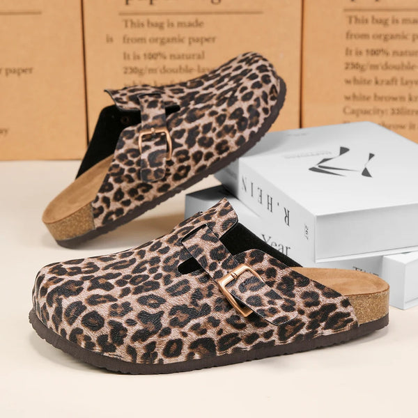 Unisex Leopard Print Cork Slippers Slip-On Backless Clogs Comfort Footbed Indoor Outdoor Sandals for Men and Women