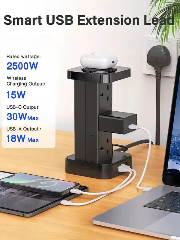 ឌុយភ្លើង LDNIO Tower មានរន្ធដោតចំនួន 6 + រន្ធ USB ចំនួន 4 + ឆ្នាំងសាកឥតខ្សែ ខ្សែភ្លើងប្រវែង 2 ម៉ែត្រ រន្ធដោតបញ្ឈរសម្រាប់ប្រើប្រាស់ក្នុងផ្ទះ