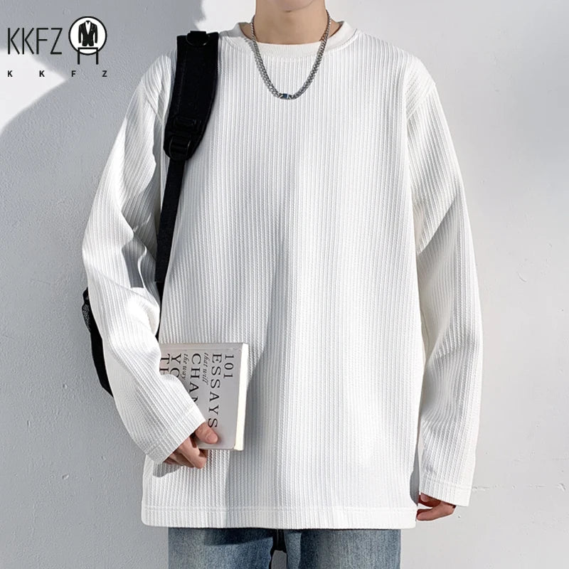 Men Casual Ribbed Texture Long Sleeve T Shirt Round Neck Relaxed Fit Soft Knit Male Daily Wear Top