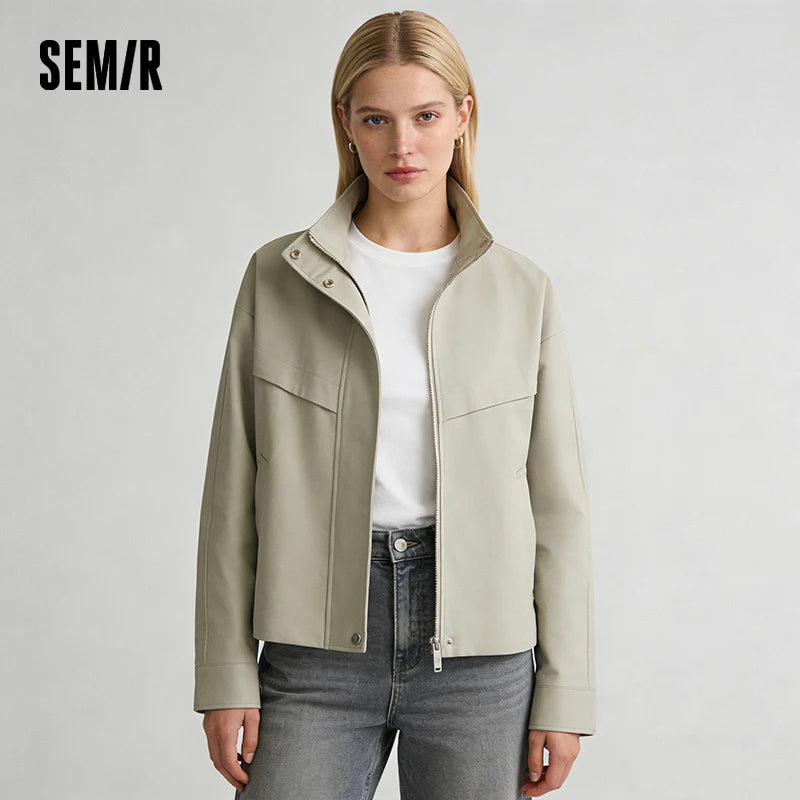 Semir Minimalist Jacket Women Spring Stand Collar Drawstring Windproof Waterproof Stain-Resistant Casual Commute Top