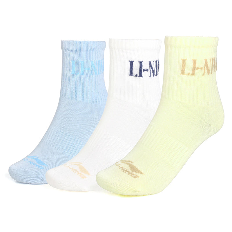 ស្រោមជើង Li-Ning Unisex 3គូ រចនាបថកីឡា LN ការពារបាក់តេរី 22-28សង់ទីម៉ែត្រ ស្រោមជើងទន់ស្រួល អក្សរបុរាណ LiNing AWTW005