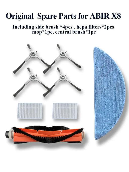 Original Spare Parts for ABIR X5,X6,X8 ,Includes Side Brus 4pcs,HEPA Filters 2pcs, Central Brush 1pc, Mop 1pc
