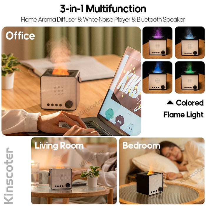 KINSCOTER Multifunction Flame Aroma Diffuser Essential Oil Air Humidifier Wireless Charger Bluetooth Speaker White Noise Sleep