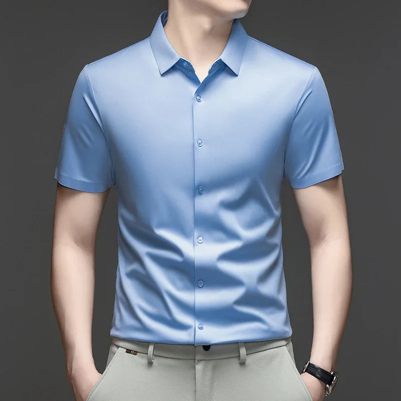 Mens Casual Short Sleeve Button Down Shirt Ice Silk Lightweight Breathable Wrinkle Resistant Summer Top