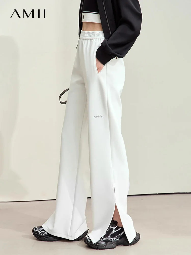 Amii Minimalism Casual Pants for Women 2026 Autumn New Letter Print Elastic Waist Wide Leg Sporty Fashion Lady Trousers 12443102