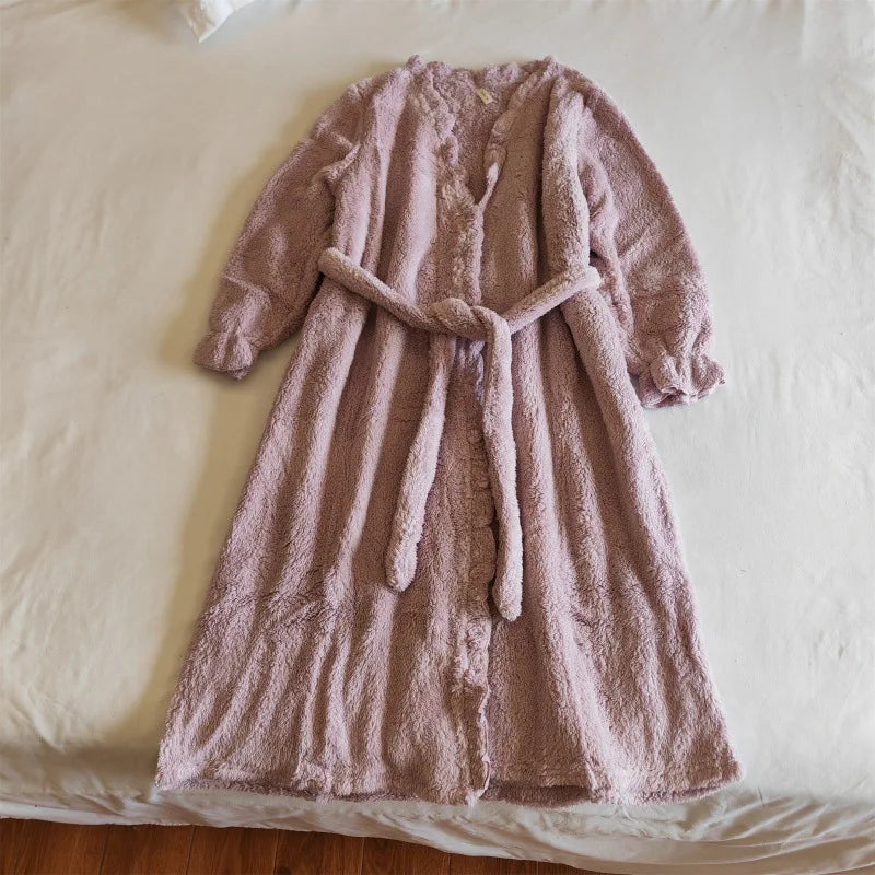 Winter Sleeping Pajamas Coral Fleece Warm Sleepwear Robe Loose Flannel Thicken Home Wear Bathrobes For Women Nightwear Clothes