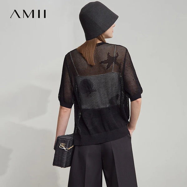 អាវយឺតការិយាល័យ AMII Minimalist Women 2025 ដៃខ្លីកមូល Jacquard រលុងប៉ាក់ Cardigan Woman Fashion 12552093