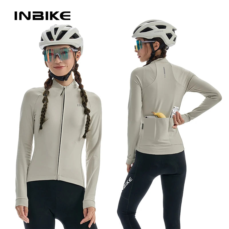 INBIKE Women's Thermal Fleece Cycling Jersey Winter Long Sleeve Bicycle Shirt 5-15°C with Pockets Road Bike Cycling Top Clothing