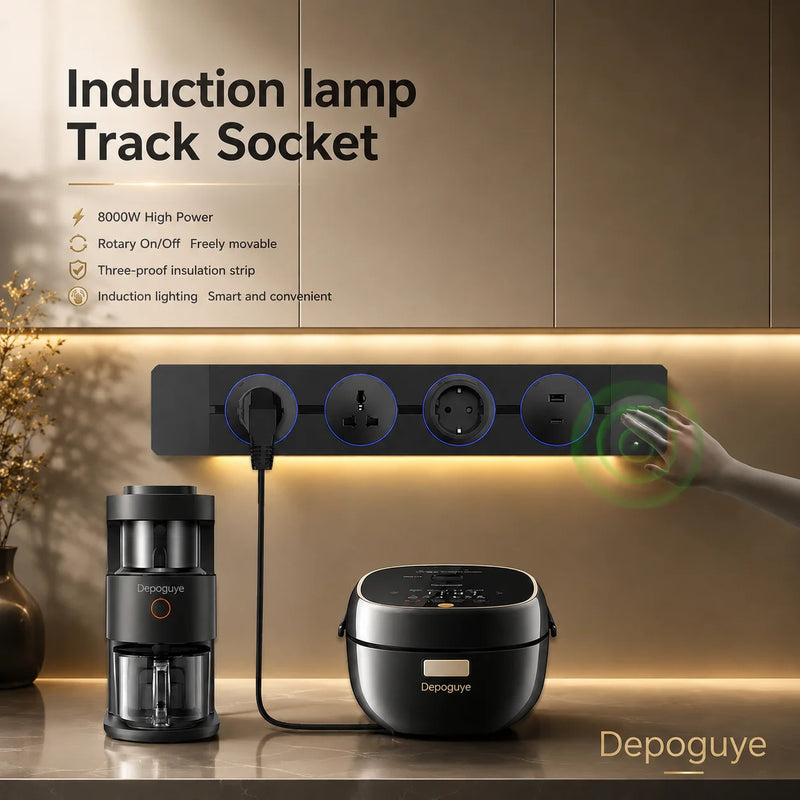 Induction lamp Wall Track Socket EU FR Italy Israeli UK Standard Home Office Electric Socket Removable Plugs Adapter USB C Ports