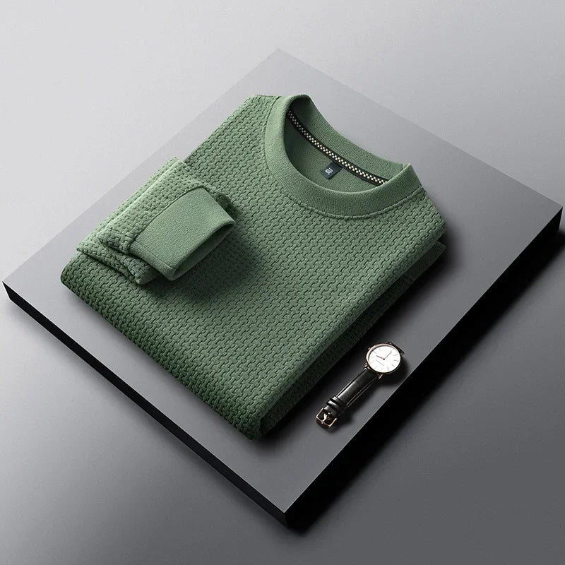 Mens Casual Stretch Long Sleeve Pullover Top Crew Neck Waffle Knit Texture Shirt Breathable Fabric Daily Wear