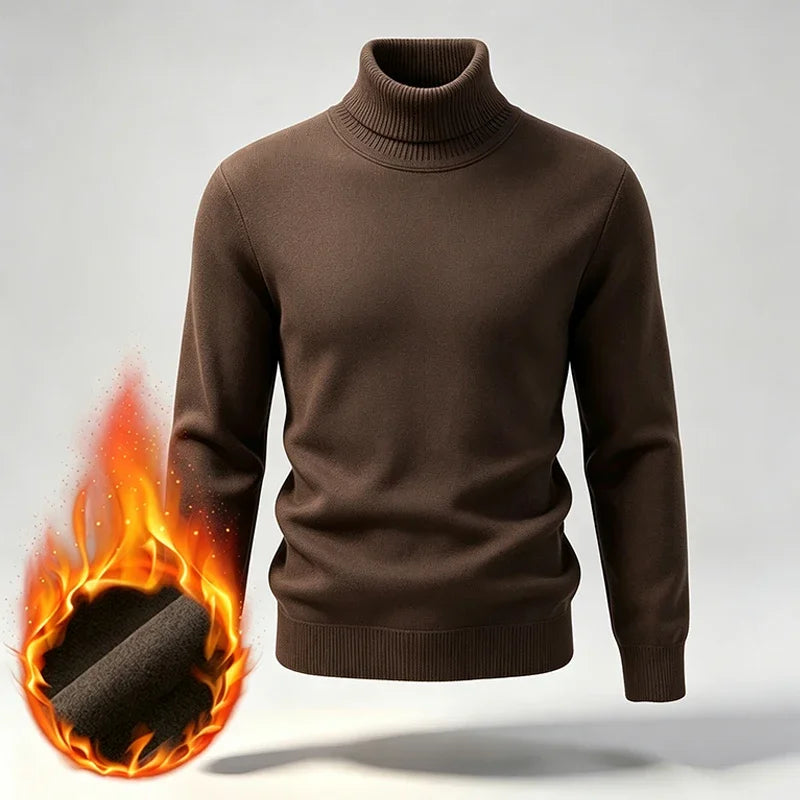 Men Fleece Lined Turtleneck Knit Sweater Ribbed Cuff Thermal Pullover For Winter Urban Daily Commute And Street Casual Outfits