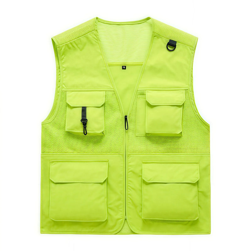 Solid fluorescent color breathable net V-neck vest Multi-pocket Work and leisure vest  custom logo for group activities