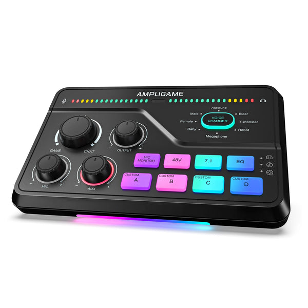 FIFINE SC8 Audio Mixer with RGB Lighting & Voice Changer, XLR Mic Preamp, 3 EQ Modes, Plug & Play for Gaming/Streaming/Podcast