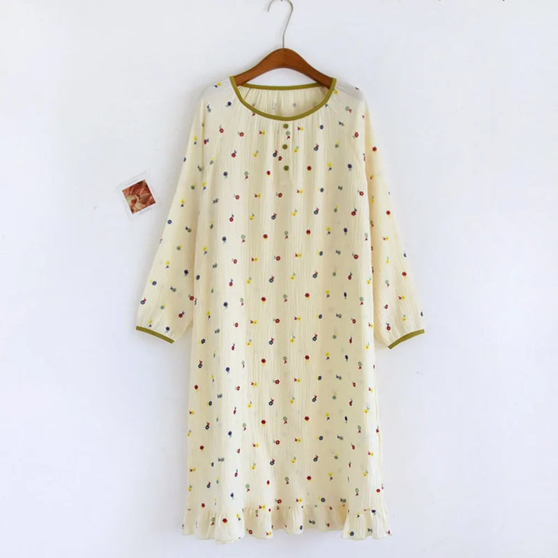 Floral Sleepwear Women's Nightgowns Spring Autumn Long Sleeve One Piece Pajamas Dress Pure Cotton Nightdress Sleeping Clothes