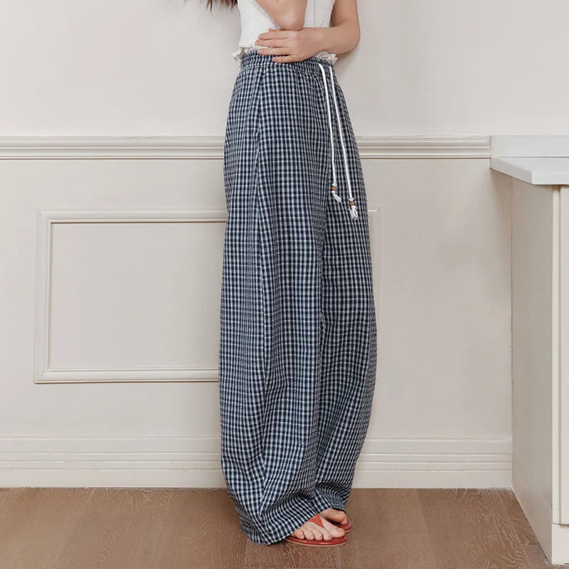 Semir Women Pants Textured Plaid Lace Trim Elastic Waist Loose Curved Summer 2026 Casual Long Trousers Bottoms Wear