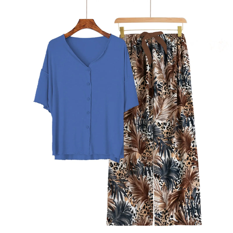 new Summer pajamas set Short sleeve Home suit for women pajama Short Sleeve+Pants Two Piece Thin night wear female nightwear
