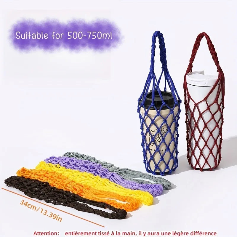 1pc Handwoven Reusable Cylindrical Mesh Bag,Reusable, Hand-Held Water Kettle Bag,Drink Bag,Portable for Beach,Picnics,Travel.