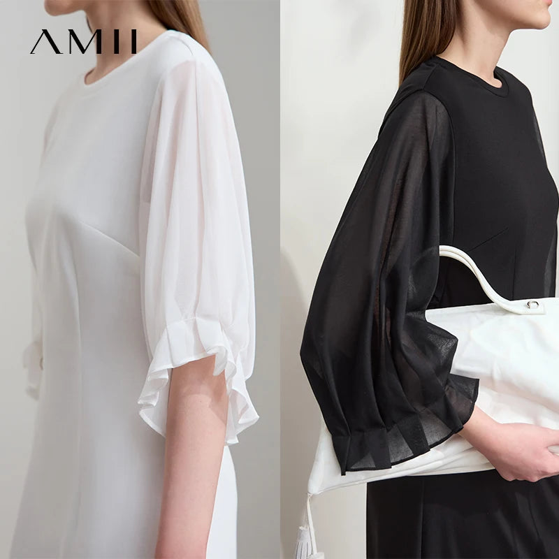 AMII Women 2026 Minimalism New Summer Elegant Dress Thin Chiffon Sleeves Slim Dress Birthday Dresses Luxury Black Dress 12522061