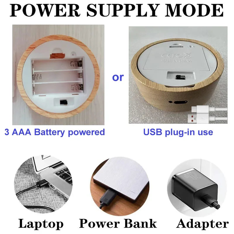 8cm Wooden LED Light with USB Plug in Display Base Round Wooden Stand Battery Powered 3D Resin Art Crystal Glass Holder