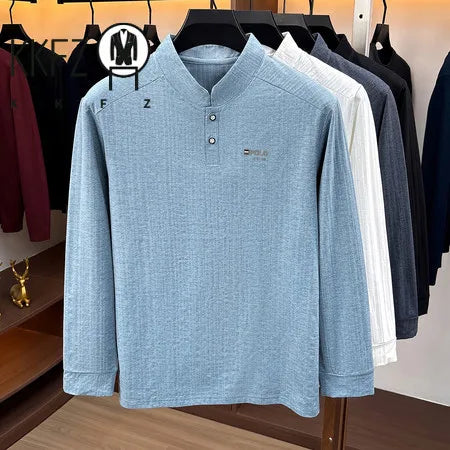 Mens Relaxed Mandarin Collar Shirt Long Sleeve Vertical Texture Embroidery Detail Casual Street Fashion Outer Top