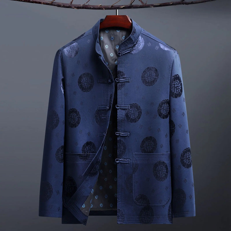 2026 New Men's Red Embroidered Long-Sleeve Jacket, Chinese-Style Single-Breasted Stand-Up Collar Coat, Fashionable Casual Tops.